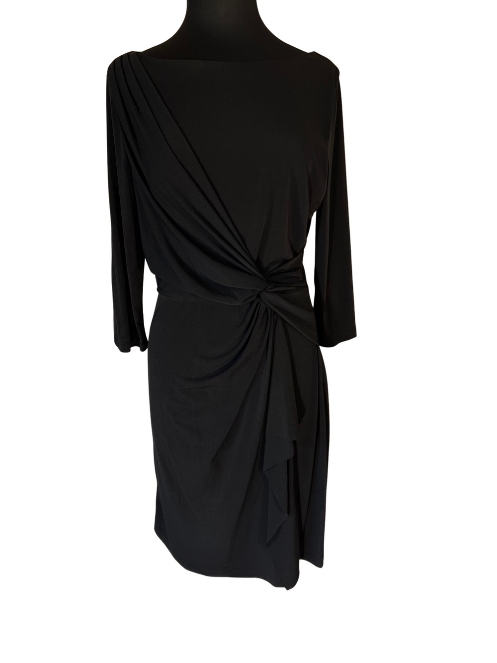 Shelby & Palmer Black Side Knot-Detail Midi LBD 3/4 Sleeve Dress